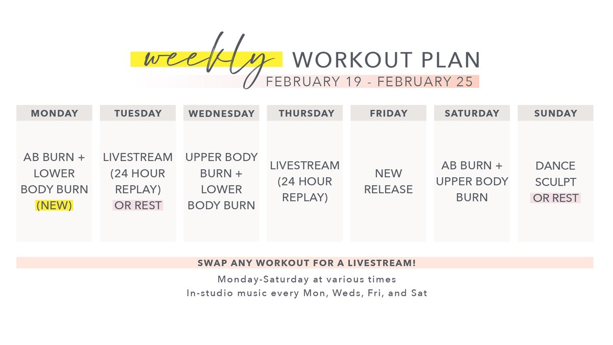jazzercise's tweet image. Time to shine, FitFam ✨ Here’s your weekly lineup. Comment below with your intention for the week!

#jazzercise #jazzerciseondemand #dancefitness