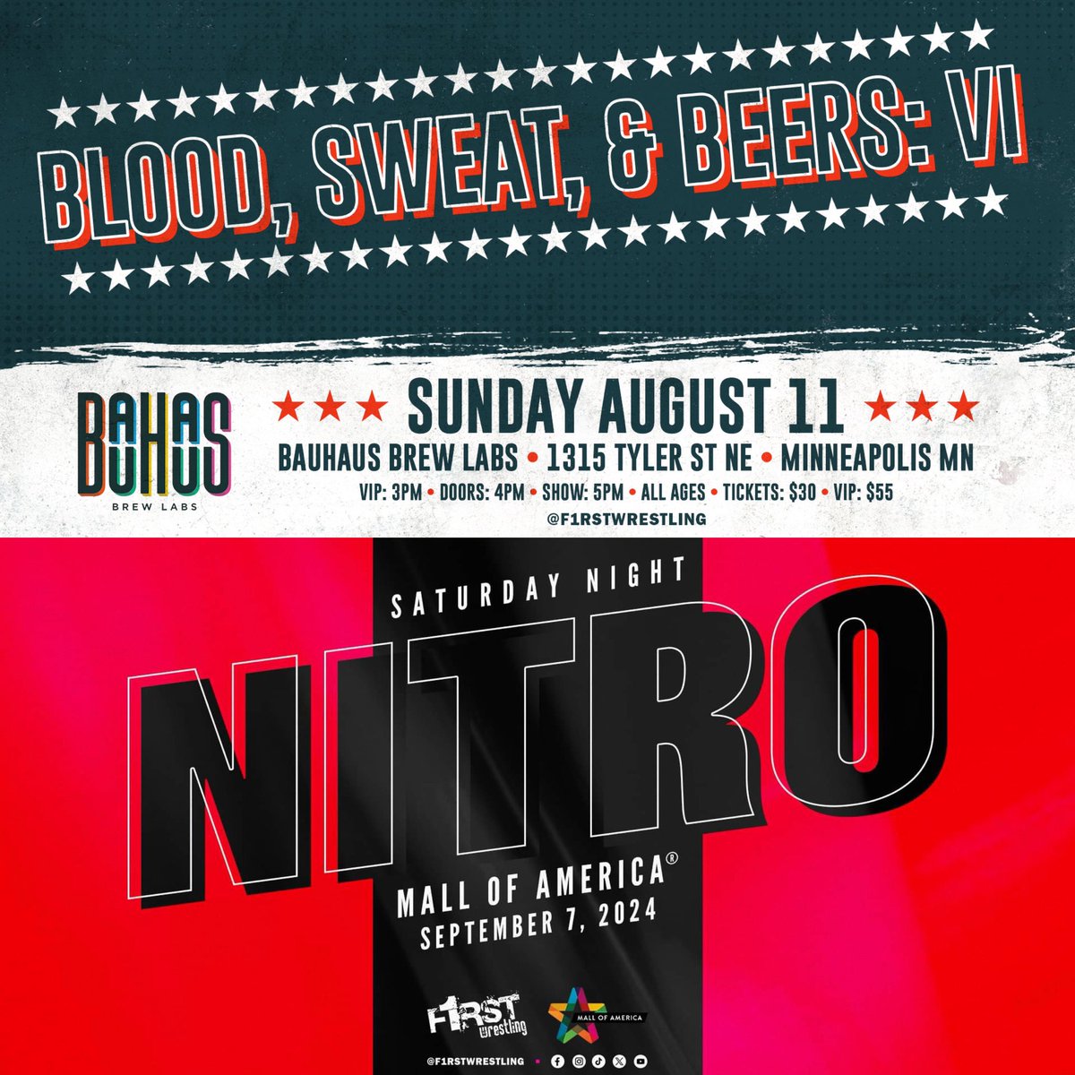 ❗️UPCOMING EVENTS❗️

➖ SUN. 03/10
21+ | MPLS, MN
🎟️ ON SALE

➖ SAT. 05/18
5+ | Welch, MN
🎟️ ON SALE

 ➖ SUN. 06/16
18+ | MPLS, MN
🎟️ ON SALE

 ➖ SUN. 08/11
AA | MPLS, MN
🎟️ ON SALE SOON

 ➖ SAT. 09/07
AA | Bloomington, MN
🎟️ ON SALE SOON

TICKETS: linktr.ee/f1rstwrestling