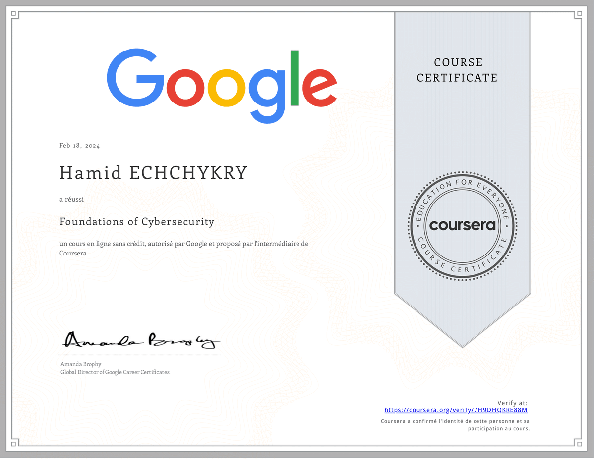 HamidChykry's tweet photo. J'ai terminé Foundations of Cybersecurity ! Consulter mon certificat https://t.co/IBp3aUJ4Hk #Coursera https://t.co/NJsnjgQPGO