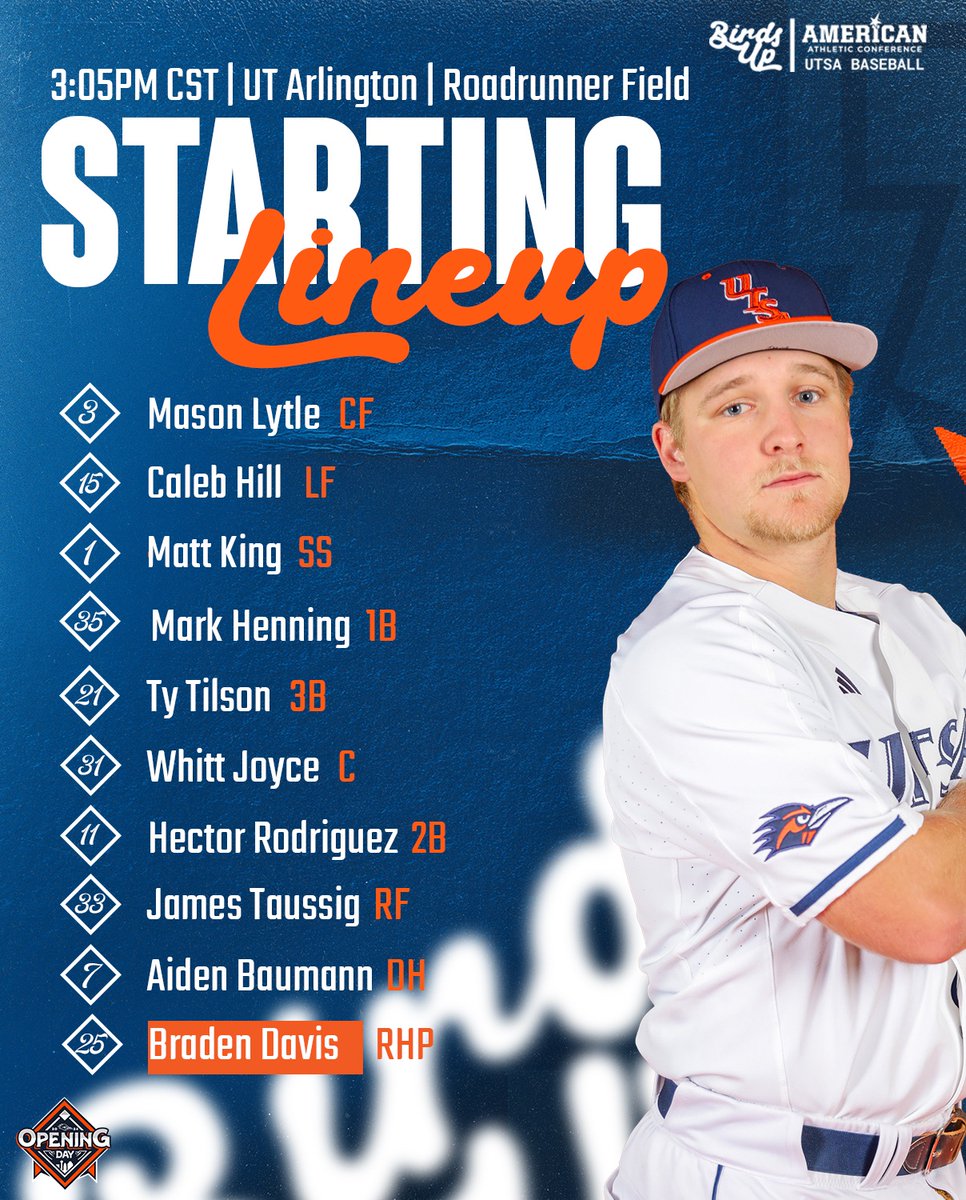 Here's our starting lineup for the series finale against UT Arlington! 

#BirdsUp 🤙 | #LetsGo210