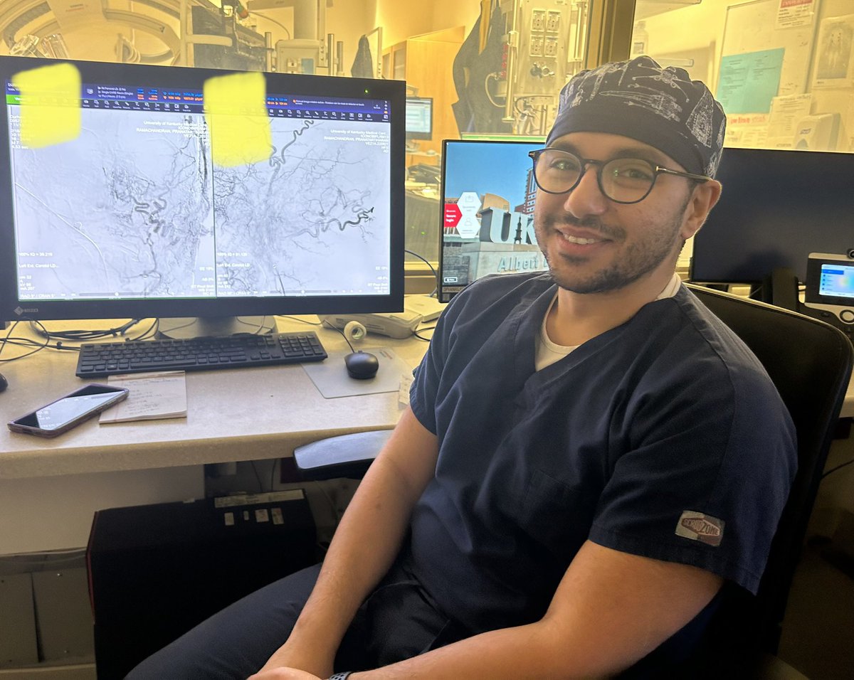 ShivaniPahwa3's tweet photo. Shoutout to our talented #NIR fellow @aboulnourh. The week long call is challenging but nothing fazes him. Today, he detected an uncommon #duralAVF @NeuroUky @UKYneuroscience https://t.co/JTm9GzyYgj