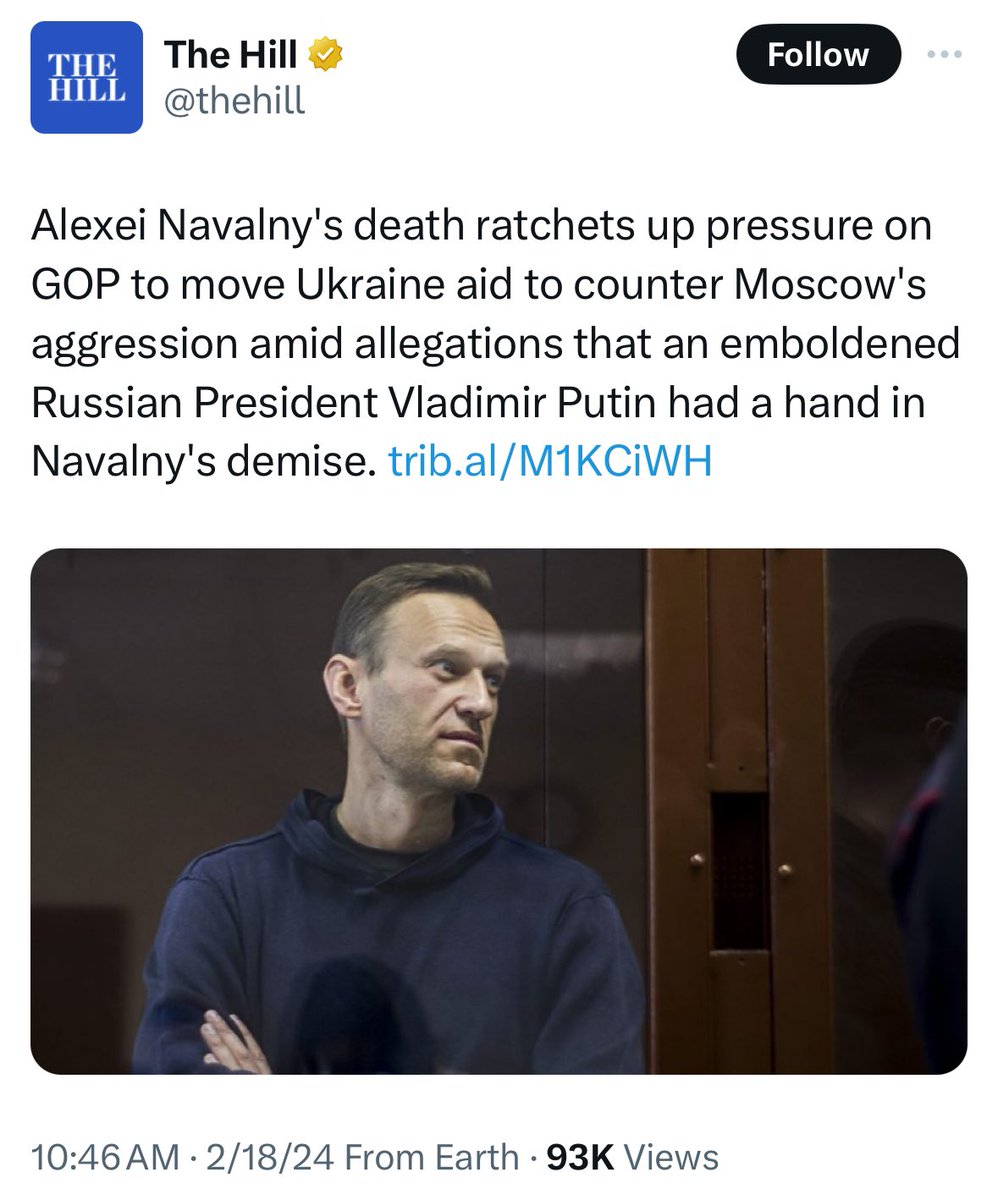 Ukraine are unable to maintain their front due to lack of funds, ammunition, and bodies.

The “space nukes” story and Navalny’s death, appear to be last ditch efforts by the Deep State to scare/shame MAGA GOP into sending more money.

Which begs the question, who killed Navalny?