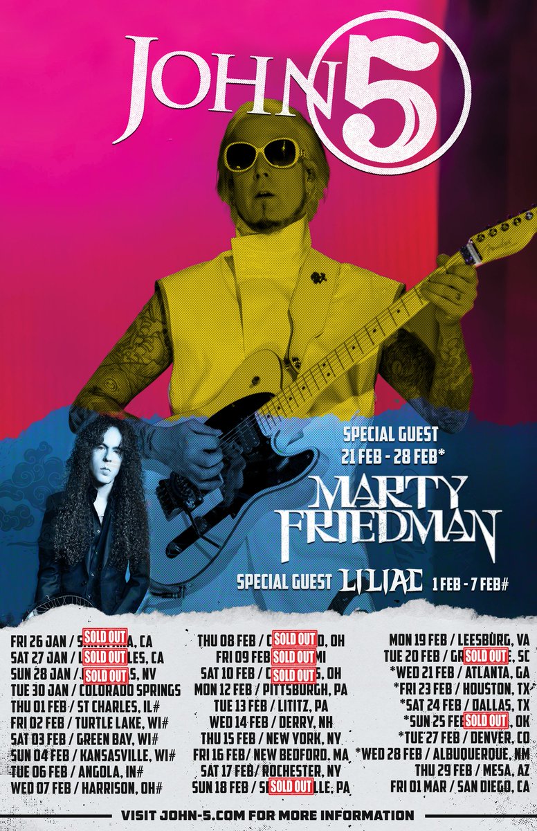 john5guitarist's tweet photo. 🚨THIS WEEK'S SHOWS incl. 2 SOLD OUT dates!🚨
The LEGENDARY @marty_friedman joins me from the 21 Feb for a few shows! 🤘🎸
Can not wait to see you all! What a wild ride it's been so far! 🚌🔥
🎫Dates/Tix/VIP: https://t.co/UaEkgLtWqF
#John5 #MartyFriedman #John5AndTheCreatures https://t.co/iW51P46ATb