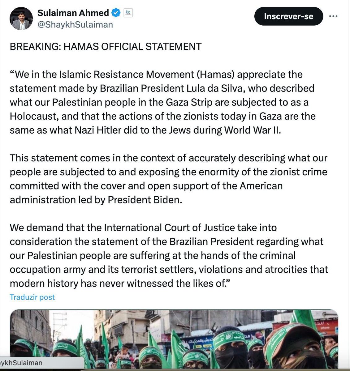 soufilemon's tweet photo. Hamas agradeceu ao Lula!
Resumindo, hoje pela manhã o Lula comparou Israel com Hitler(as ações de israel com o holocausto). 

Isso foi hoje de manhã e impressionou parte da comunidade internacional que tá se manifestando sobre. https://t.co/npsQGrnLHj
