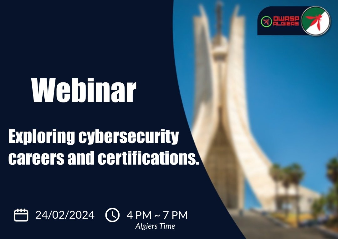 OWASP_Algiers's tweet photo. Unlock your path to cybersecurity success!
Join us on Feb 24th, 4-7PM Algiers Time, for an exclusive webinar: "Exploring CyberSecurity Careers & Certifications."
Dive into cutting-edge strategies, expert insights, and thrilling surprises!
Don't miss out!
#CyberSuccess #OWASP https://t.co/Zg9liaIgpd