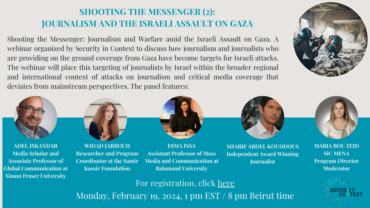 🚨Don't miss today's webinar, "Shooting the Messenger: Journalism and Israeli Assault on #Gaza." 

🗣️Featuring <a href="/MinotaurLives/">Adel Iskandar</a>, <a href="/widadjarbouh/">Widad Jarbouh</a>, <a href="/Dima_tweets/">Dima Issa, PhD</a>, <a href="/mariabouzeidf/">mariabouzeid</a> &amp; Sharif Abdel Kouddous.

When?➡️1 pm EST | 8 pm EEST
Where?➡️us02web.zoom.us/j/86344223773