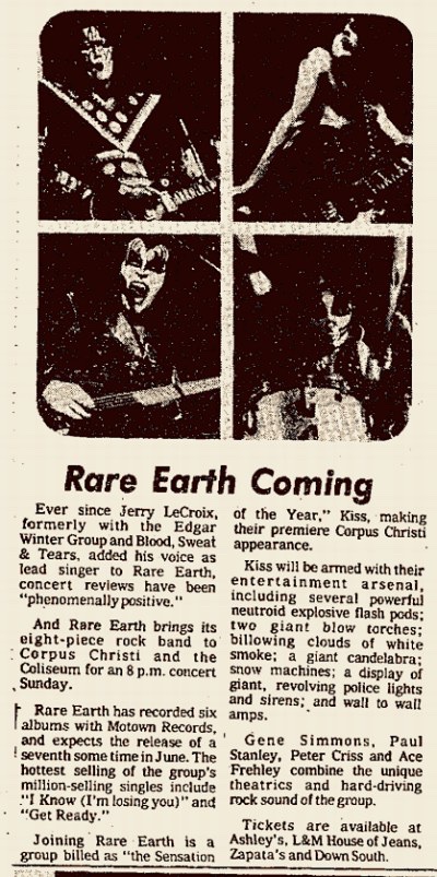 50 years ago, Kiss invaded Corpus Christi, drawing almost 5000 people as an opening act for a long forgotten band. Tickets were available at “L&amp;M House of Jeans” and the boys, even in ‘74, had great special effects. Heard Todd Hunter  was there. #txlege
