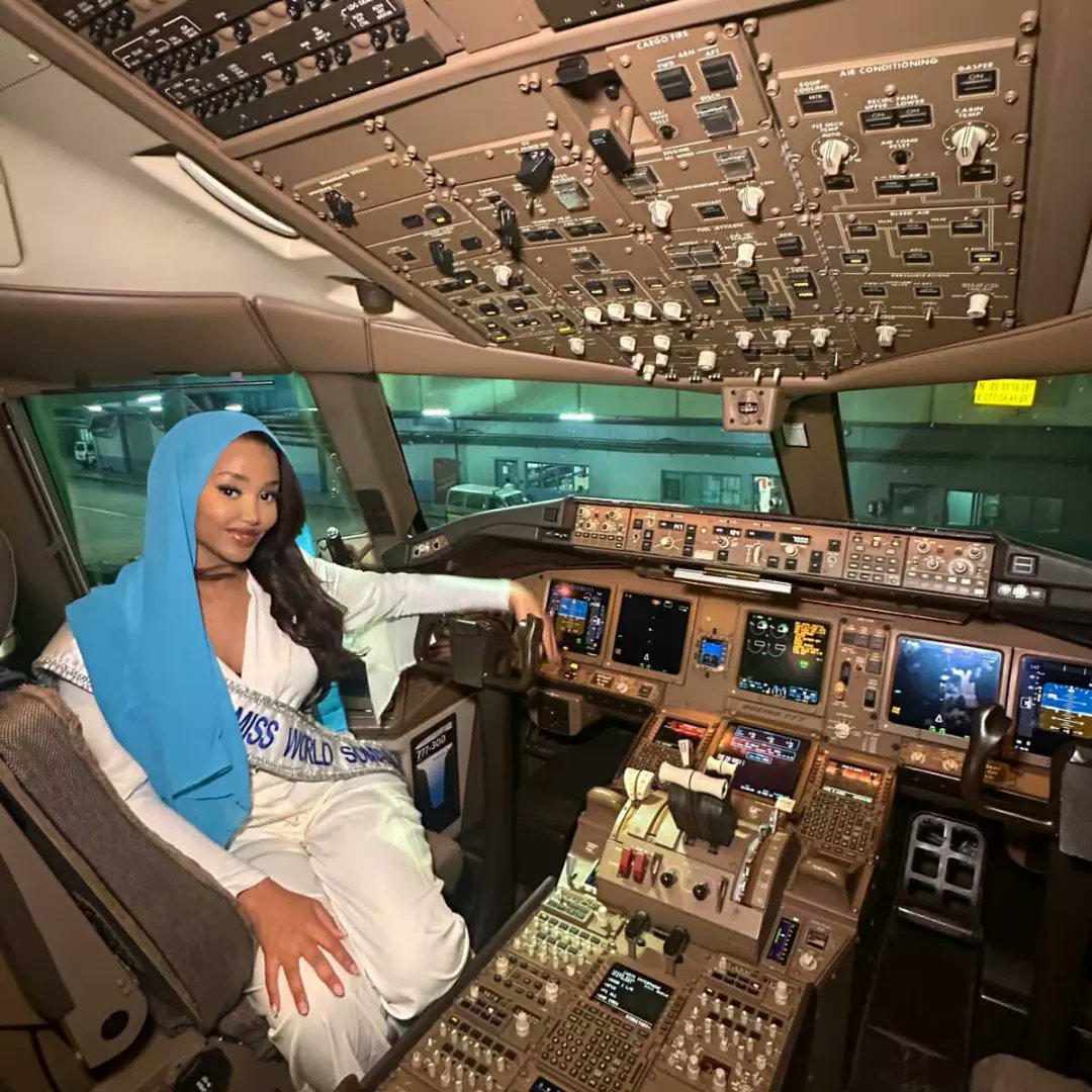 somalipageant's tweet photo. Miss World Somalia 23/24 Bahja Mohamoud safely landed in India with a special welcome to the cockpit by Pilot Calanka Bluega. https://t.co/FmyWM4qdMy