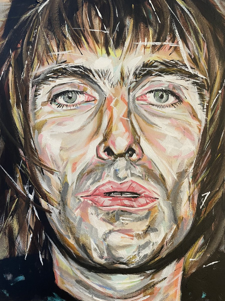 GregSmithArt's tweet photo. Back in 2018 I produced a charcoal portrait of #LiamGallagher so thought I’d revisit him in my new acrylic phase. Probably guilty of over-working this one a touch, but let’s call it experimental mark-making. Enjoying the learning curve. February 2024. Acrylics on A3 panel board. https://t.co/Zx8yyuxaRX