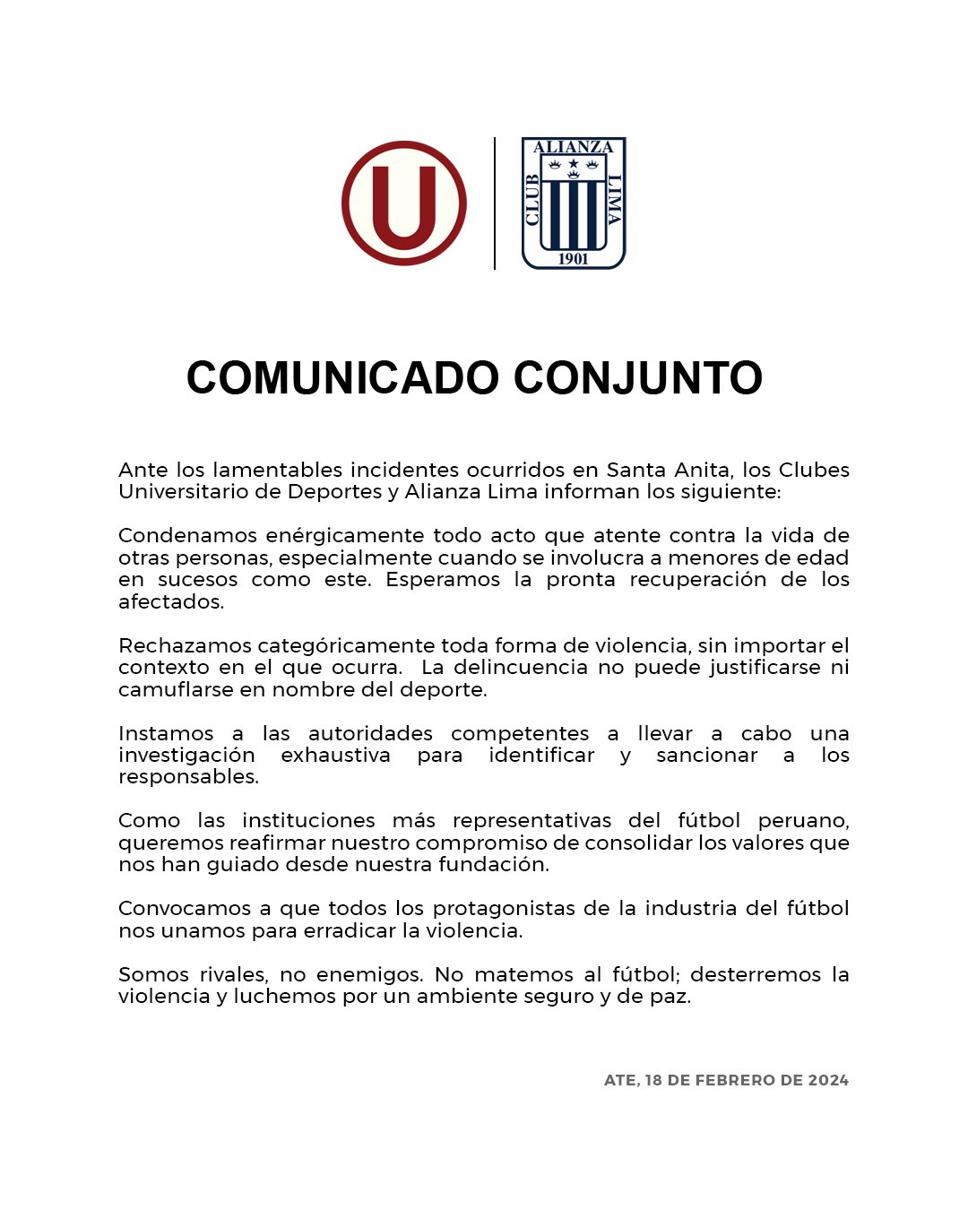 Comunicado conjunto de la U y Alianza