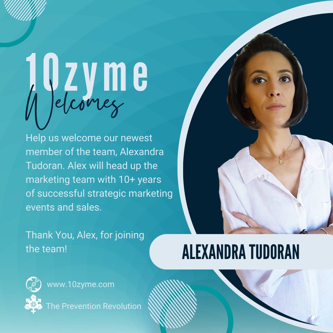 We Welcome Alexandra Tudoran 👏Alex will support the #10zyme mission with laser-focus on strategies & 🎯 plus mentoring & leading the marketing team. Join us in welcoming Alex to the 10zyme family🎉 #10zyme #Volunteer #MakingADifference #womenshealth