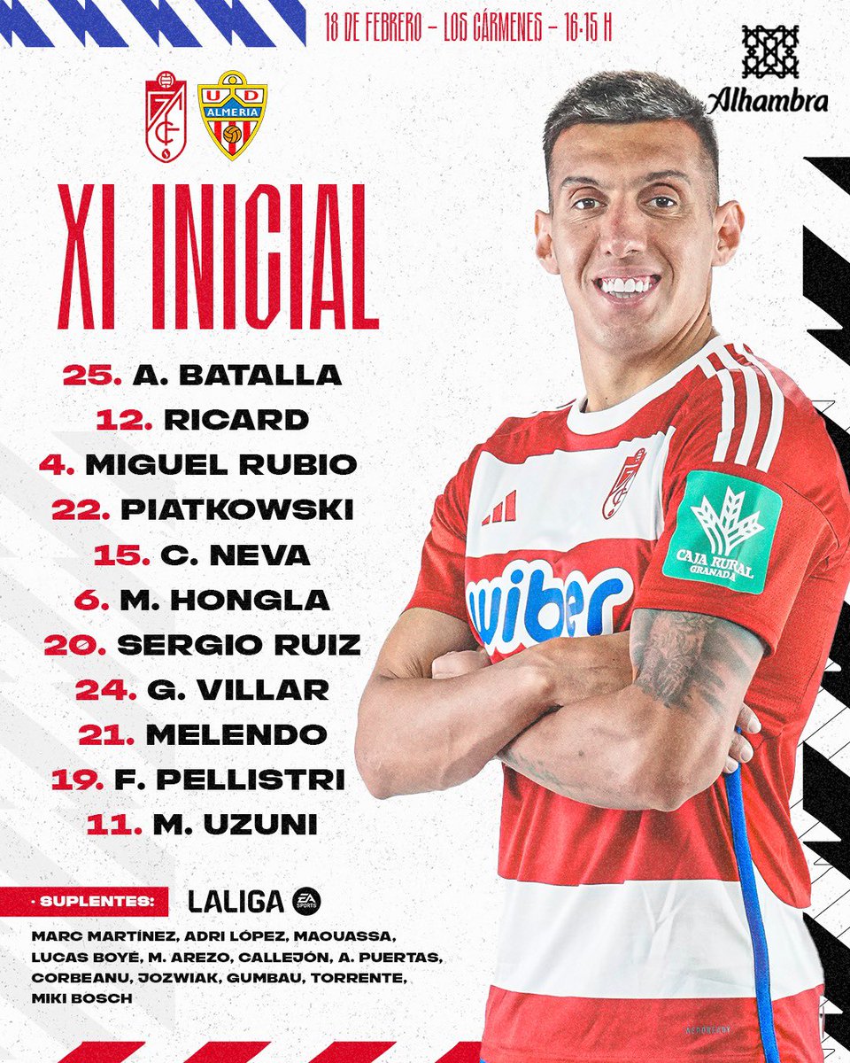 GranadaCF's tweet photo. 📋 𝗫𝗜 𝗜𝗡𝗜𝗖𝗜𝗔𝗟 

¡Estos son los jugadores elegidos por Alexander Medina para el encuentro frente a la @U_D_Almeria! ❤️⚔️ 
 
#𝙀𝙩𝙚𝙧𝙣𝙖𝙇𝙪𝙘𝙝𝙖 🇦🇹 | #GranadaAlmería https://t.co/KMaa59vYXB
