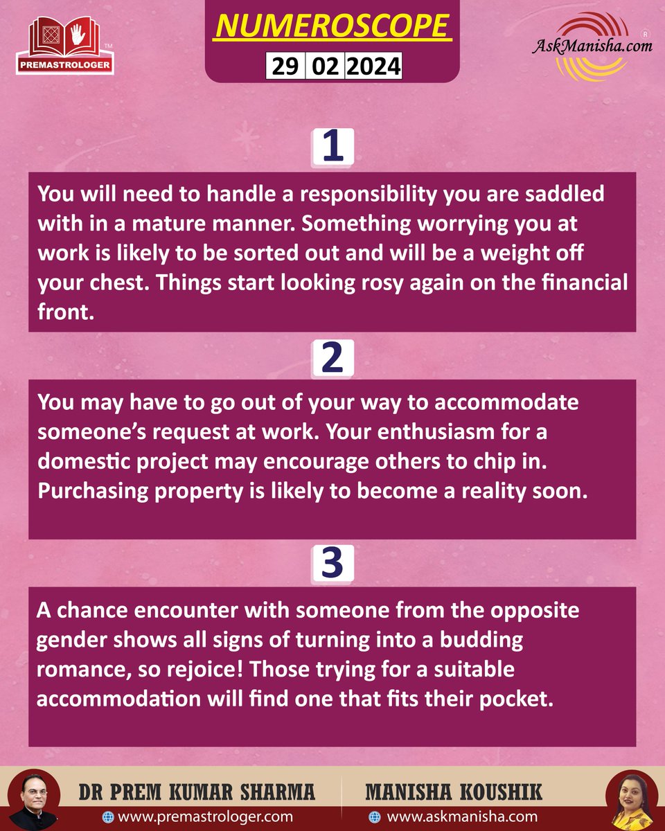 KoushikManisha's tweet image. Numerology for 29 Feb 2024
Reach us at +919650015920 for a Personal Session with Astrologer Manisha Koushik

Join us at wa.me/919650015920

Read More: askmanisha.com/daily-horoscope
#numerology #numerologychart #numerologytoday #numerologyreading