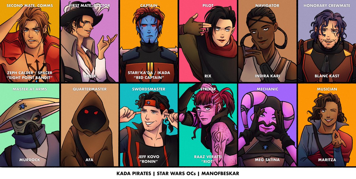 manofbeskar's tweet photo. one of star wars oc pirate crews’ lineup! #starwarsoc #jedioc #mandalorianoc #chissoc https://t.co/xlxWiZL4kP