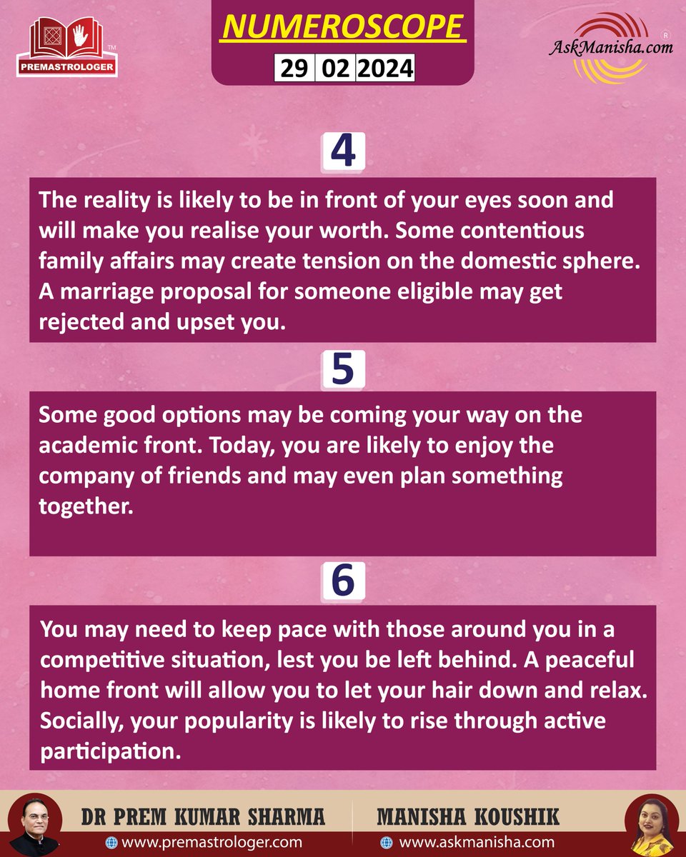 KoushikManisha's tweet image. Numerology for 29 Feb 2024
Reach us at +919650015920 for a Personal Session with Astrologer Manisha Koushik

Join us at wa.me/919650015920

Read More: askmanisha.com/daily-horoscope
#numerology #numerologychart #numerologytoday #numerologyreading