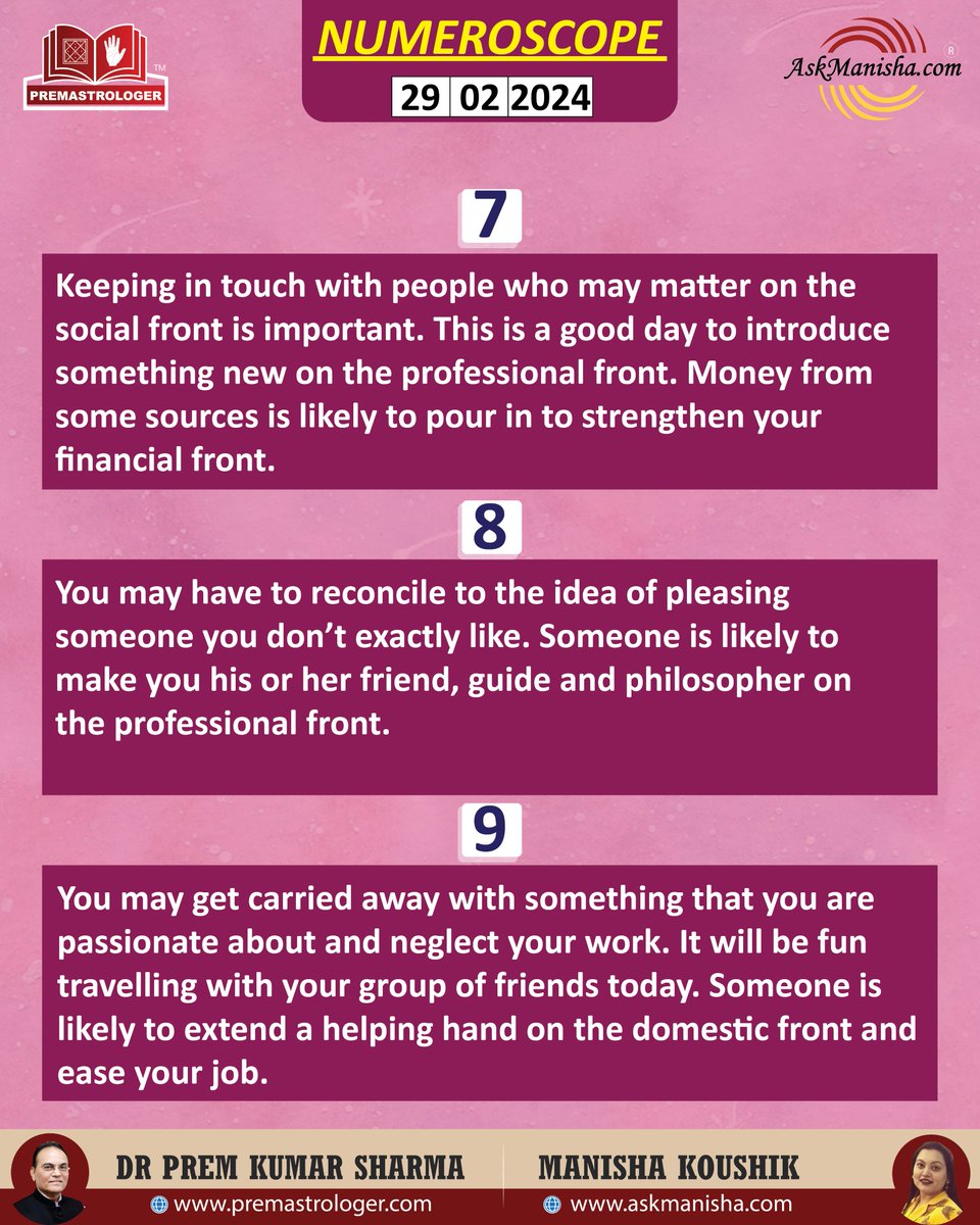 KoushikManisha's tweet image. Numerology for 29 Feb 2024
Reach us at +919650015920 for a Personal Session with Astrologer Manisha Koushik

Join us at wa.me/919650015920

Read More: askmanisha.com/daily-horoscope
#numerology #numerologychart #numerologytoday #numerologyreading