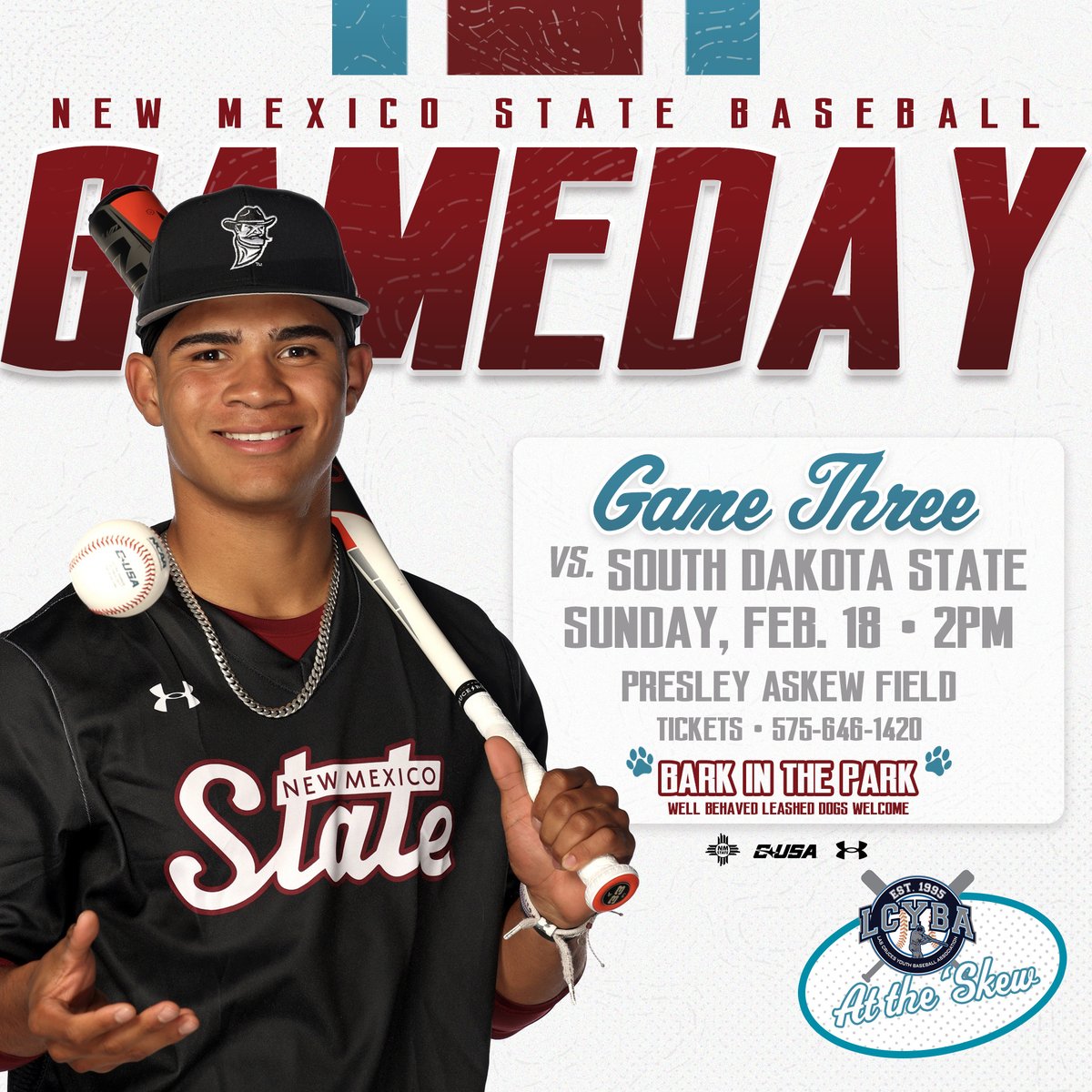 NMStateBaseball's tweet photo. Game 3⃣‼️
🆚 South Dakota State
📍 Presley Askew Field
⏰ 2:00 p.m.
🔗https://t.co/435LNEgBRM
📻 https://t.co/dDi7mDvl0J (91.5 FM KRUX)
#AggieUp https://t.co/CMu6URxKk3