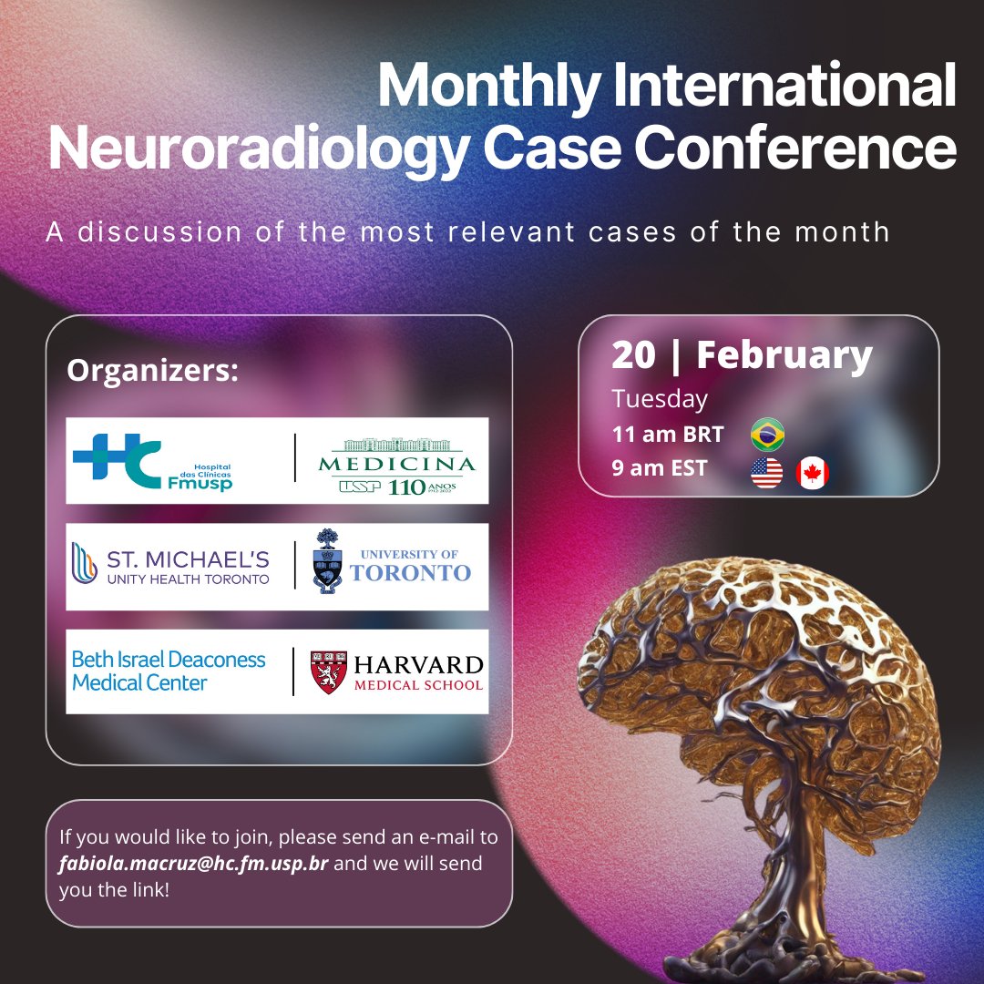 Fabiola Macruz (@fabiola_macruz) on Twitter photo This Tuesday, February 20th, we will host another session of The International Neuroradiology Case Conference!
Cool cases from 🇧🇷, 🇨🇦 and 🇺🇸
If you wanna join, send and email to fabiola.macruz@hc.fm.usp.br and we will add to our mailing list! This Tuesday, February 20th, we will host another session of The International Neuroradiology Case Conference!
Cool cases from 🇧🇷, 🇨🇦 and 🇺🇸
If you wanna join, send and email to fabiola.macruz@hc.fm.usp.br and we will add to our mailing list!