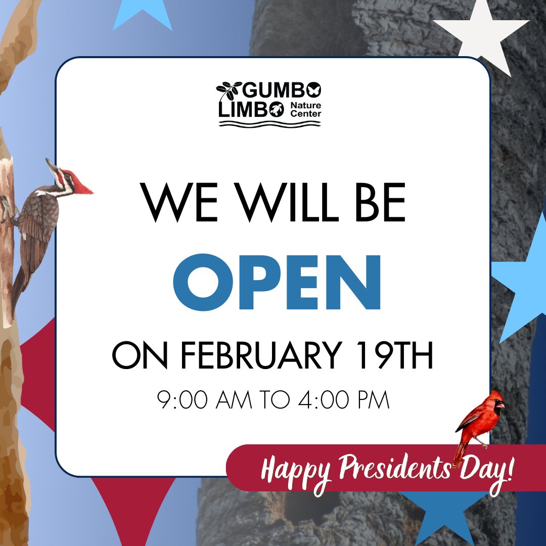 We will be OPEN all day (9:00 am to 4:00 pm) on Monday, February 19th! 

On-site parking is extremely limited, consider carpooling or using rideshare services. 

Additional paid parking will be available at Red Reef West, south of the nature center on A1A.

Happy Presidents Day!