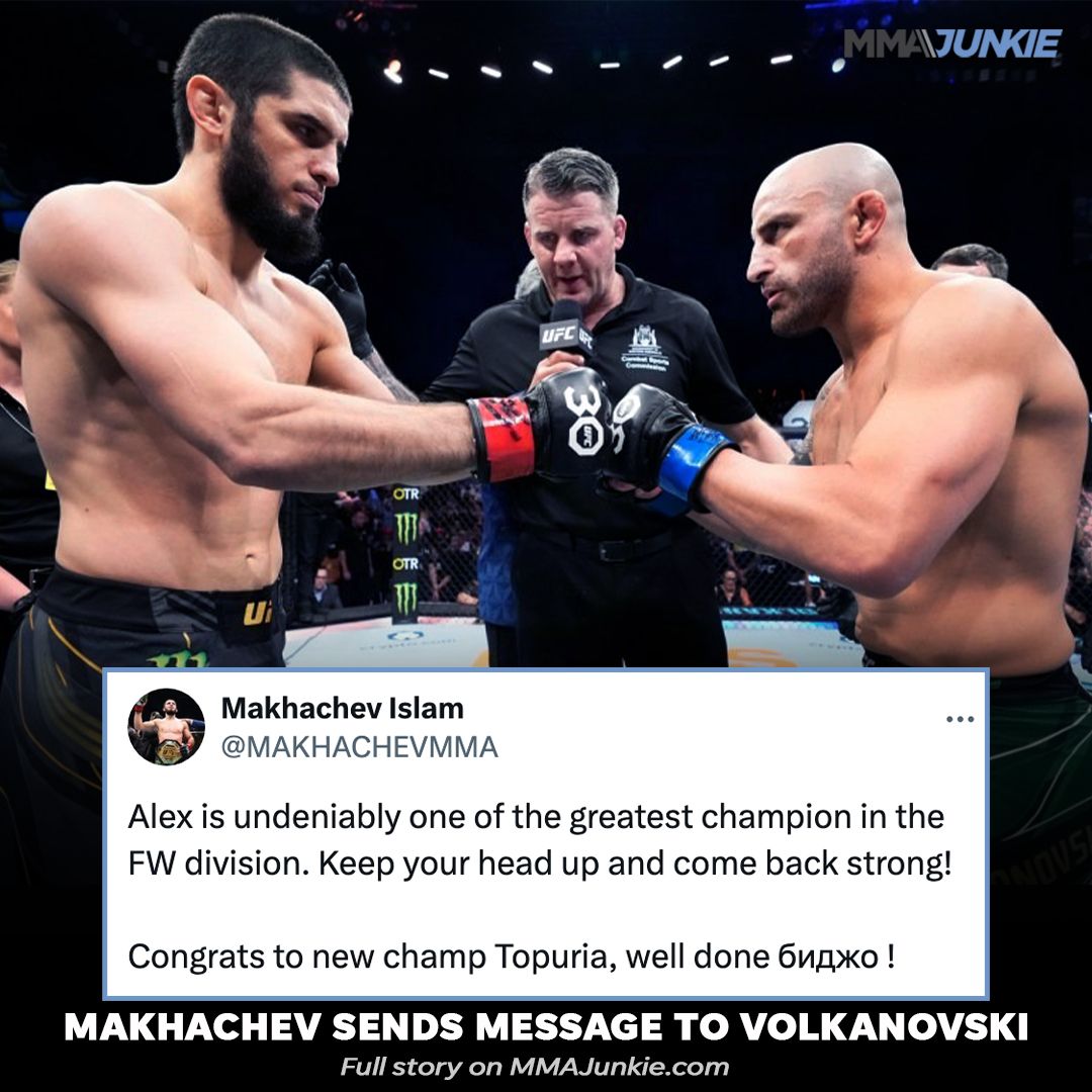 MMAJunkie's tweet photo. Islam Makhachev sends a message of encouragement to former foe Alexander Volkanovski after his #UFC298 loss. 👏 https://t.co/Ff2bnbOSZf