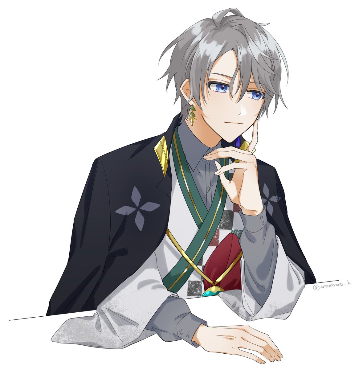 1boy male focus jewelry blue eyes earrings grey hair solo  illustration images