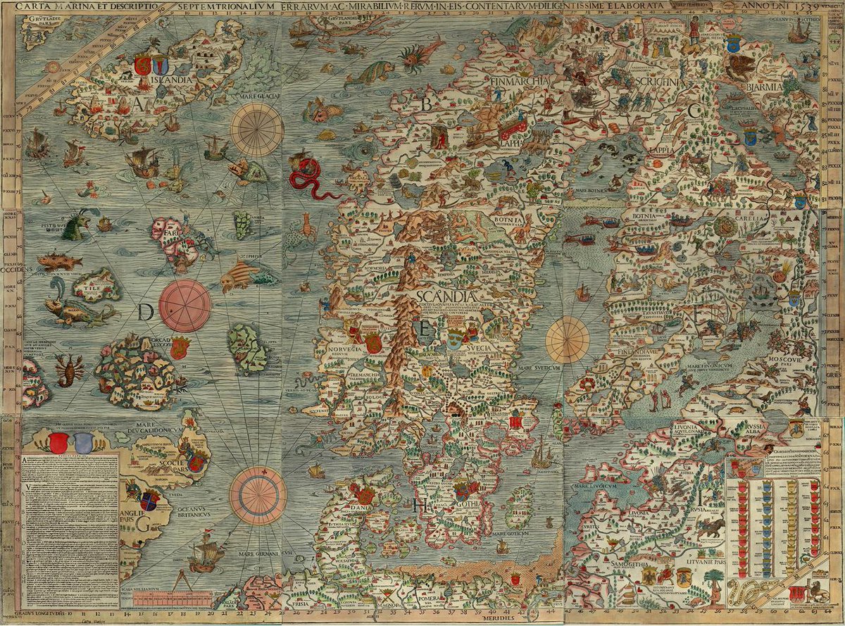 TooMuchGoing_On's tweet photo. The map that might be the most prominent demonstration of sea monster mania is the Carta Marina, created by Olaus Magnus in 1539. https://t.co/qAz5xeUonn