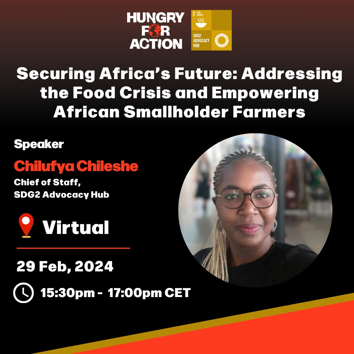 SDG2AdvocacyHub (@sdg2advocacyhub) on Twitter photo 🔴Climate, conflict and price challenges are worsening the food crisis across Africa. Join <a href="/HungryForAct/">HungryforAction</a> for this webinar & hear from our Chief of Staff, <a href="/ChilufyaC/">Chilufya Chileshe</a> to gain insights on the political will needed to turn things around. RVSP👉bit.ly/3SW61j6 #HungryforAction 🔴Climate, conflict and price challenges are worsening the food crisis across Africa. Join <a href="/HungryForAct/">HungryforAction</a> for this webinar & hear from our Chief of Staff, <a href="/ChilufyaC/">Chilufya Chileshe</a> to gain insights on the political will needed to turn things around. RVSP👉bit.ly/3SW61j6 #HungryforAction