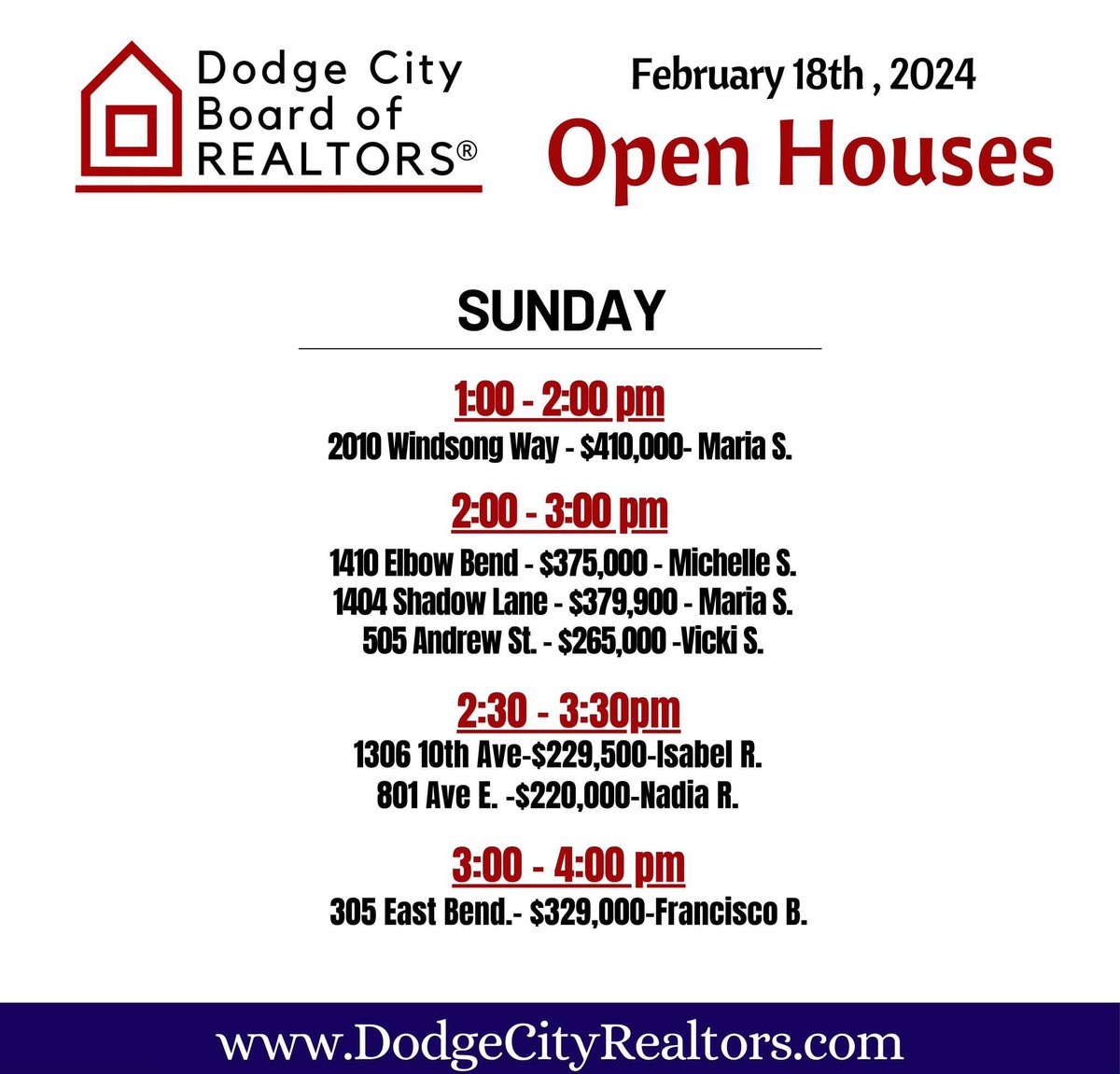 DodgeCityBOR's tweet photo. These are our @DodgeCityBOR Open Houses for Sunday Feb. 18th, 2024. For more information about our board &amp; a list of our affiliates, please go to our website: https://t.co/Kbw6Xz3l3K 
#DodgeCityRealtors #DodgeCityRealEstate https://t.co/8YN4yqS89O