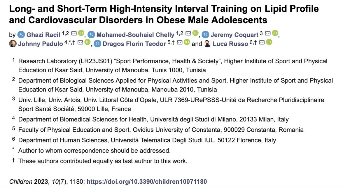 L'équipe de <a href="/Jeremy_Coquart/">Jérémy Coquart</a> (DOI: 10.3390/children10071180) a montré qu'un prog. d’entraînements intermittents est une approche efficace à moyen terme pour > les variables anthropométriques, cardiovasculaires, biologiques, et la performance des ados obèses <a href="/RechercheUlille/">Recherche - Université de Lille</a>