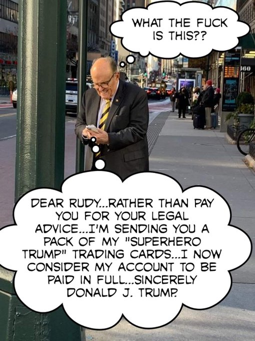 namwella1961's tweet photo. Rudy Giuliani says the Trump 2020 campaign owes him $2M for challenging Trump's election loss.

It's a real shame that nobody warned Rudy that Trump doesn't pay his bills.
#ProudBlue #VoteBlueToStopTheStupid #VoteBlueToSaveAmerica https://t.co/Llz4YsIloZ