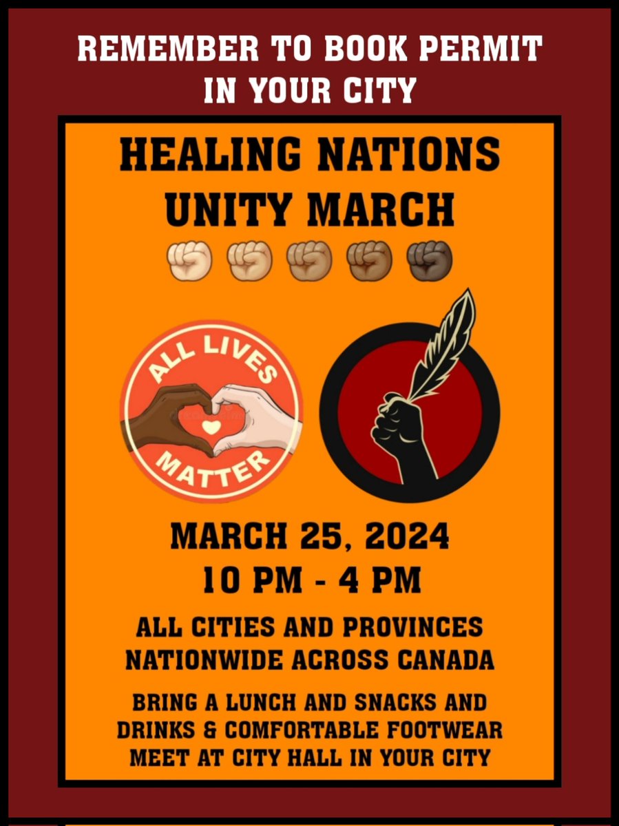 FindWorldwide's tweet photo. HEALING NATIONS UNITY MARCH
MARCH 25, 2024
10 PM - 4 PM
ALL CITIES AND PROVINCES NATIONWIDE ACROSS CANADA
BRING LUNCH, SNACKS & DRINKS & COMFORTABLE FOOTWEAR
#AllCities & #AllProvinces & #Canada & #Peace & #Love & #Unity & #Nationwide & #Viral https://t.co/LEaSho5i62