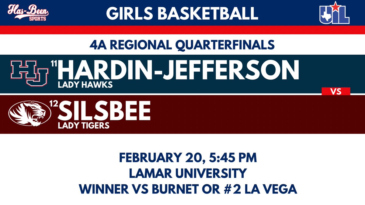 AshlyElamSports's tweet photo. 4A Regional Quarterfinals 
#11 Hardin-Jefferson vs #12 Silsbee
#txhshoops https://t.co/DG7fhq2zC8