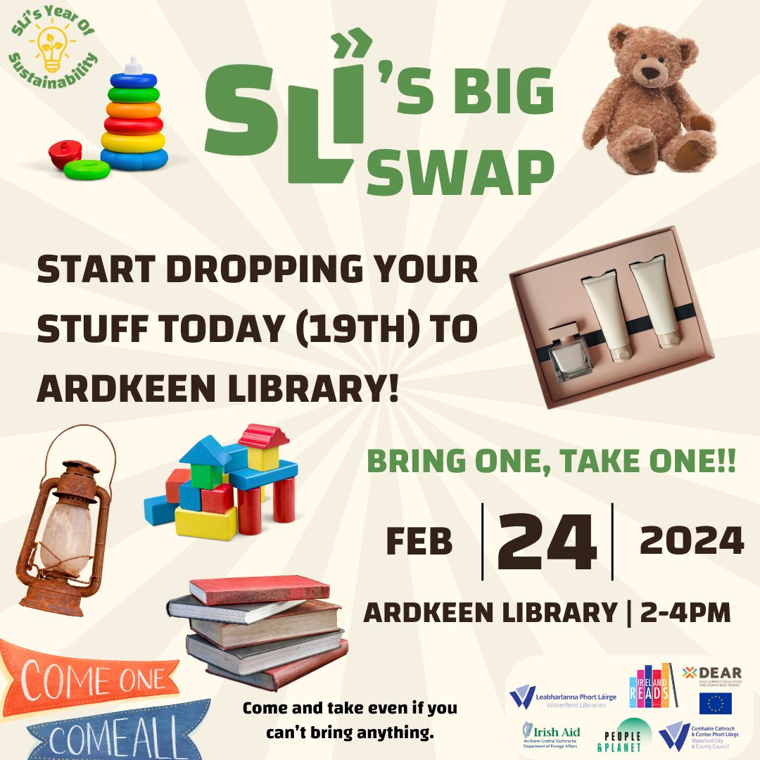 Waterford Sustainable Living Initiative (SLi) (@waterfordsli) on Twitter photo Start dropping your cool stuff (in good condition) to Ardkeen Library today (19th)! Swap, this Saturday. Find some awesome treasure, save money and the planet all at once!
<a href="/WaterfordCounci/">Waterford City & County Council</a> <a href="/WaterfordLibs/">Waterford Libraries</a> <a href="/wotf_org/">Water Of The Future</a> #ClimateAction #SwapDontShop #CircularEconomy #PeopleAndPlanet Start dropping your cool stuff (in good condition) to Ardkeen Library today (19th)! Swap, this Saturday. Find some awesome treasure, save money and the planet all at once!
<a href="/WaterfordCounci/">Waterford City & County Council</a> <a href="/WaterfordLibs/">Waterford Libraries</a> <a href="/wotf_org/">Water Of The Future</a> #ClimateAction #SwapDontShop #CircularEconomy #PeopleAndPlanet