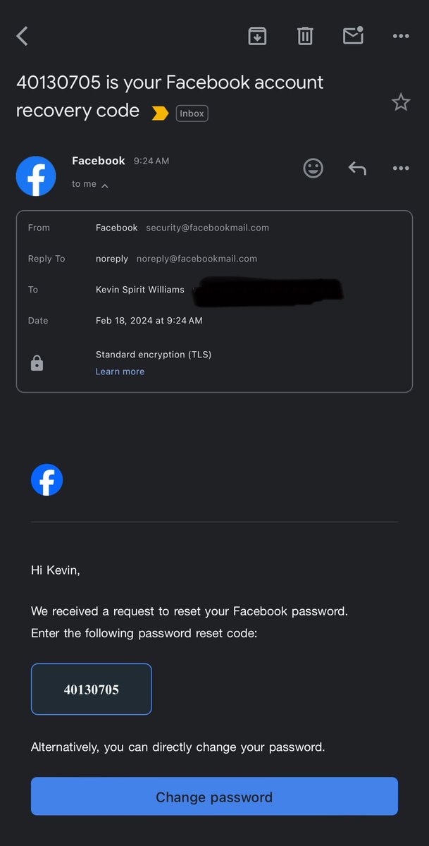 kevinspirit89's tweet photo. The scams are running rampant, looks like a recovery email right? But if you check the course email that’s not from Facebook. The scam is to use this email to grab your actual Facebook login information https://t.co/CUwJthNC1h