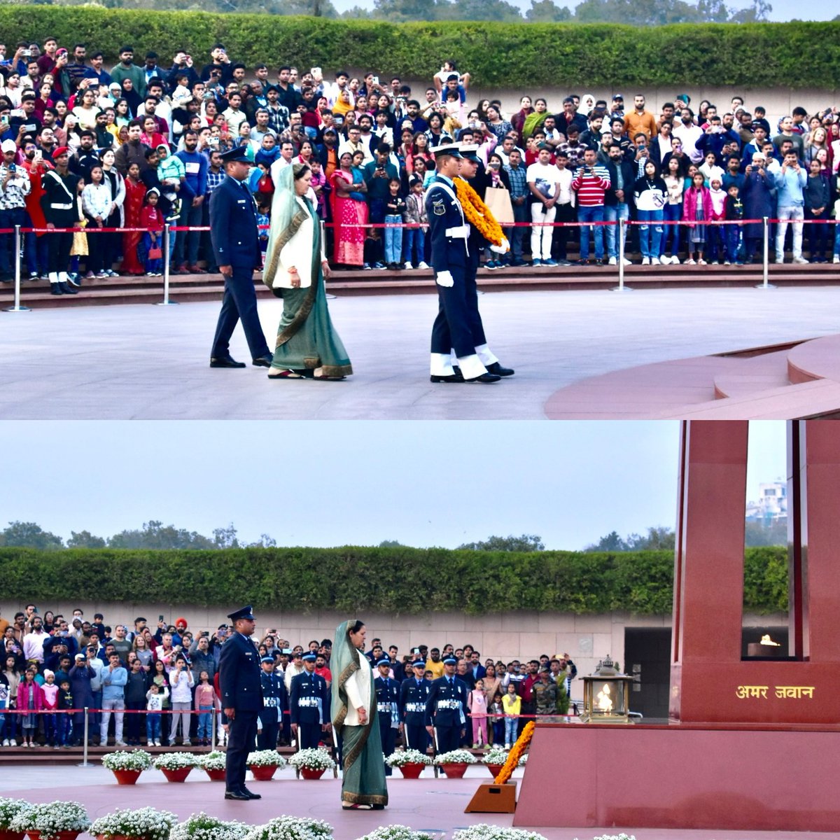 salute2soldier's tweet photo. Enthused by patriotic tunes of #MilitaryBand, the huge crowd was enthralled to witness weekly Change of Guard Ceremony at #NationalWarMemorial. The crowd emotionally watched Mrs Lila Devi W/o Nb Sub Balwant Singh #2NAGA paying homage at #AmarJawanJyoti in #NoK Ceremony. https://t.co/H1gUEIjyPB