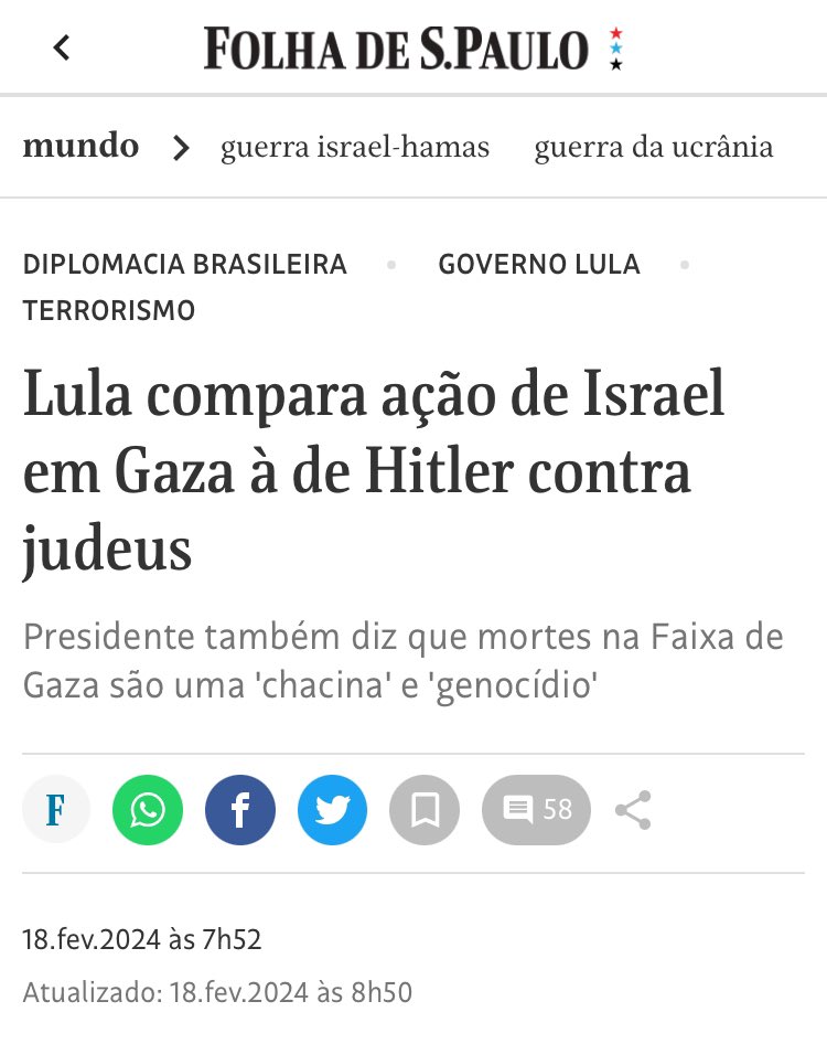 ddouek's tweet photo. A fala do presidente não é só um equívoco histórico. Ela invoca a ideia de que “os judeus são os nazistas do presente”, reforçando a “hiper-branquialização” que fundamenta a racialização atual dos judeus - e o antissemitismo. https://t.co/bRSeIG94J7