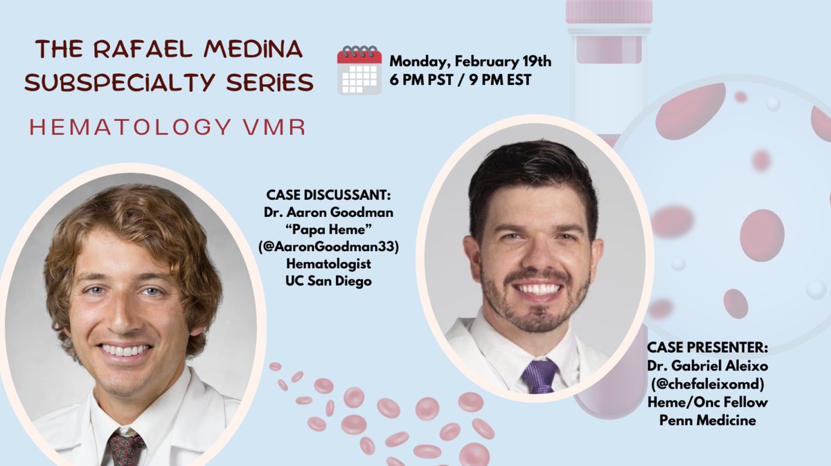 The Clinical Problem Solvers (@cpsolvers) on Twitter photo #MedTwitter Join us for a ~blast~ with this Hematology VMR!
We will be joined by the infamous Papa Heme @AaronGoodman33 discussing a hematology case with Heme/Onc Fellow extraordinaire <a href="/chefaleixomd/">Gabriel Aleixo</a>!
We can’t wait to see you tomorrow, Feb. 19 at 9pm EST! bit.ly/31LWIKg #MedTwitter Join us for a ~blast~ with this Hematology VMR!
We will be joined by the infamous Papa Heme @AaronGoodman33 discussing a hematology case with Heme/Onc Fellow extraordinaire <a href="/chefaleixomd/">Gabriel Aleixo</a>!
We can’t wait to see you tomorrow, Feb. 19 at 9pm EST! bit.ly/31LWIKg