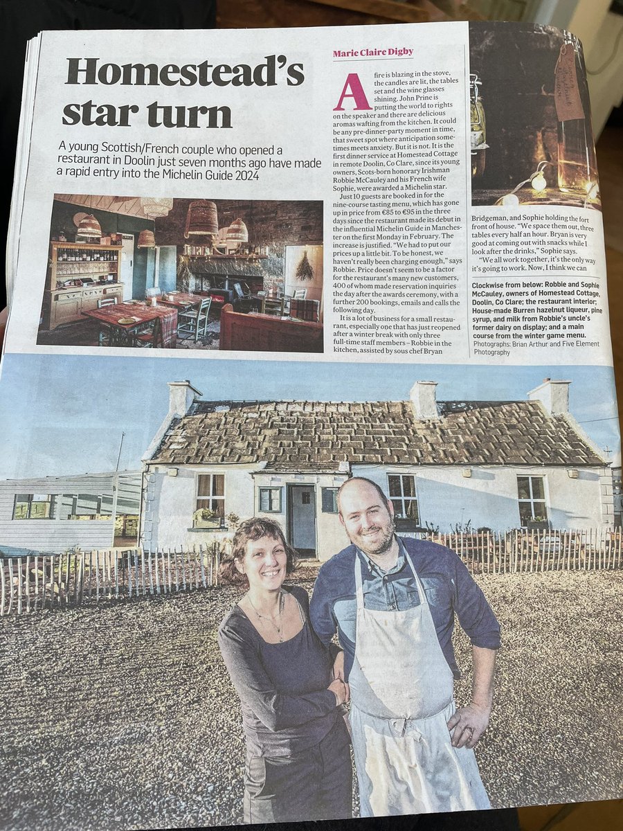 Wonderful glimpse into the lives of the couple behind @Homesteaddoolin by @mcdigby in @IrishTimesMag. Their daily routine between two kids and the restaurant is incredible! Shows the dedication it takes to get a @MichelinGuideUK star. Well deserved 👏🏻👏🏻 #thisisirishfood