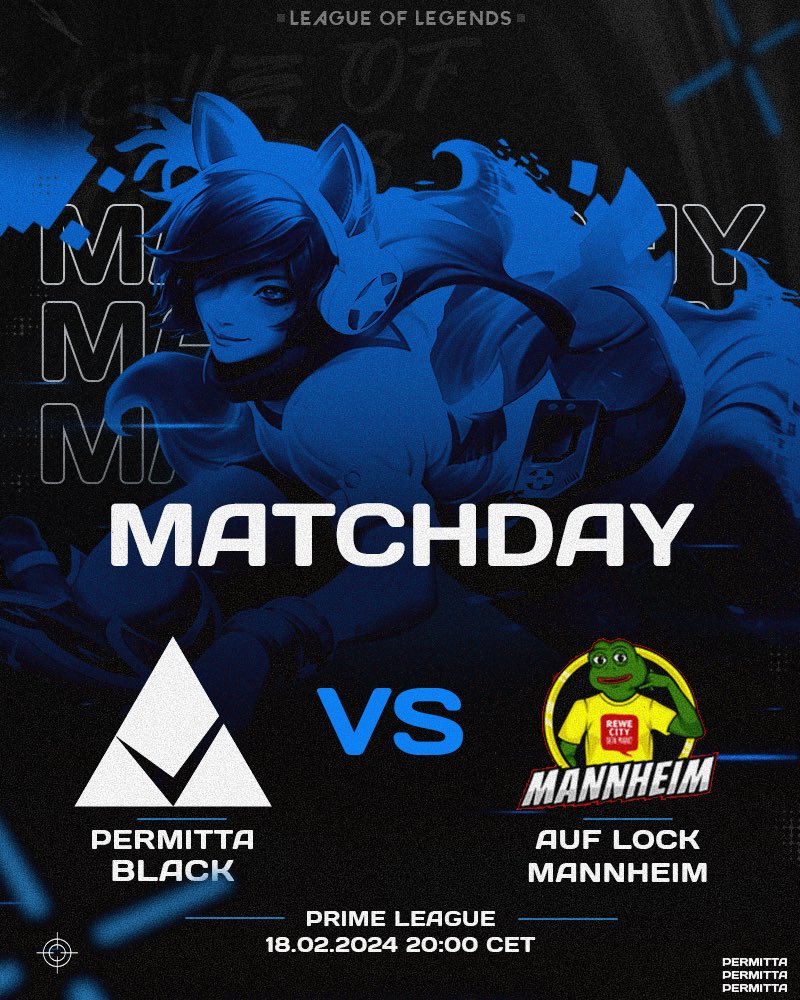 Epic Prime League matches today! 🙌

1️⃣ Permitta Academy vs @DKBDiamonds RAW at 18:30 CET 

2️⃣ Permitta Black vs <a href="/eSportMannheim/">eSport Uni Mannheim</a> Auf Lock Mannheim at 20:00 CET 

The Team Black match will be castet on our twitch with <a href="/sarahtoninx9/">sarahtonin</a> as our caster🤫
📺 twitch.tv/permitta 

We