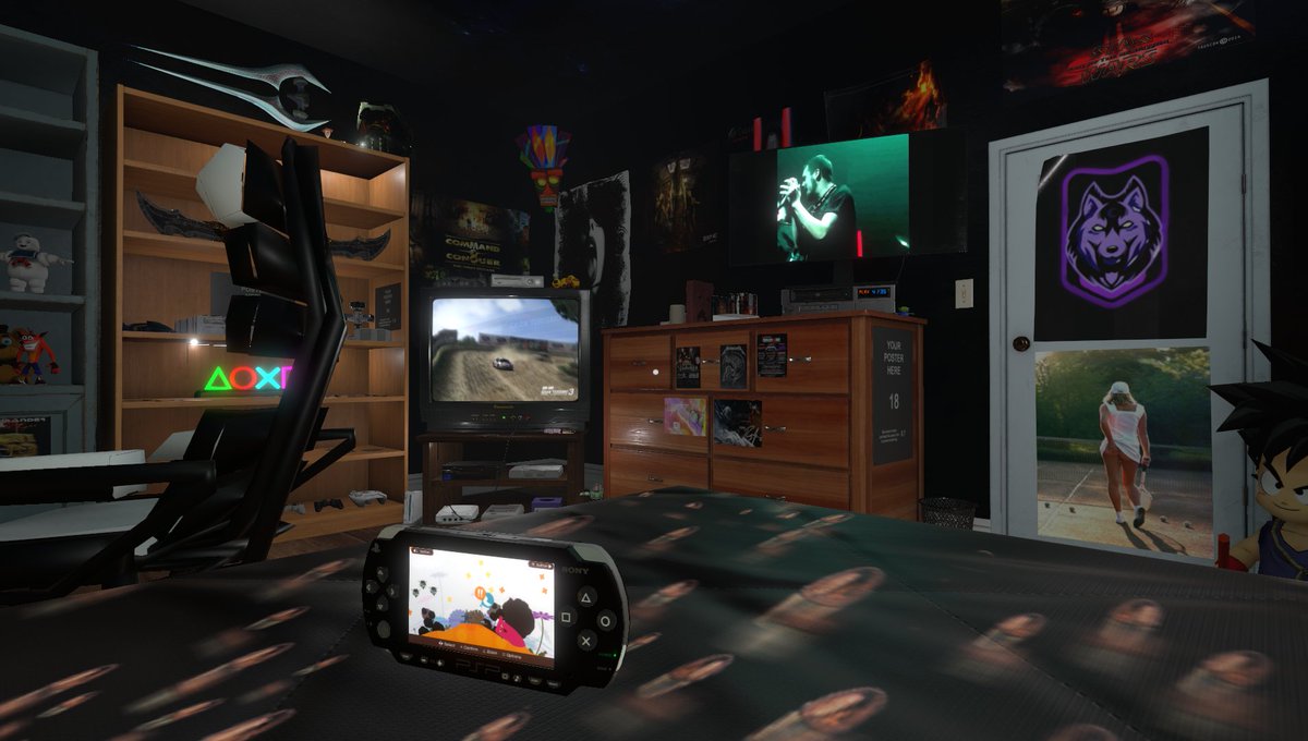 AndySl79's tweet photo. Custom music channel playing Rock/Metal, chill playing on a PSP while the PS2 plays Gran Turismo all at the same time in a VR retro room. #emuvr #rock #metal #custom #vr https://t.co/lUYvrUlGLl