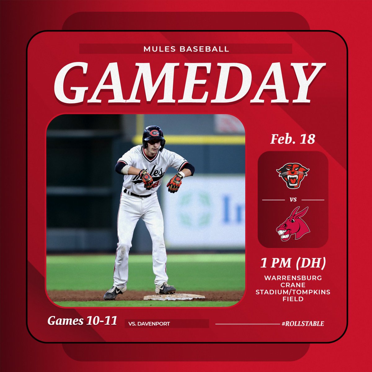 Mules_Baseball's tweet photo. Two more against the Panthers in the 'Burg.

🆚 | Davenport
🏟️ | Crane Stadium/Tompkins Field
💻 | https://t.co/59w74NEFRf ($)
📊 | https://t.co/ev8rYYLeRj
🎟️ | https://t.co/RWSbzjiW5m

#teamUCM x #RollStable https://t.co/YhdGJGsUlK
