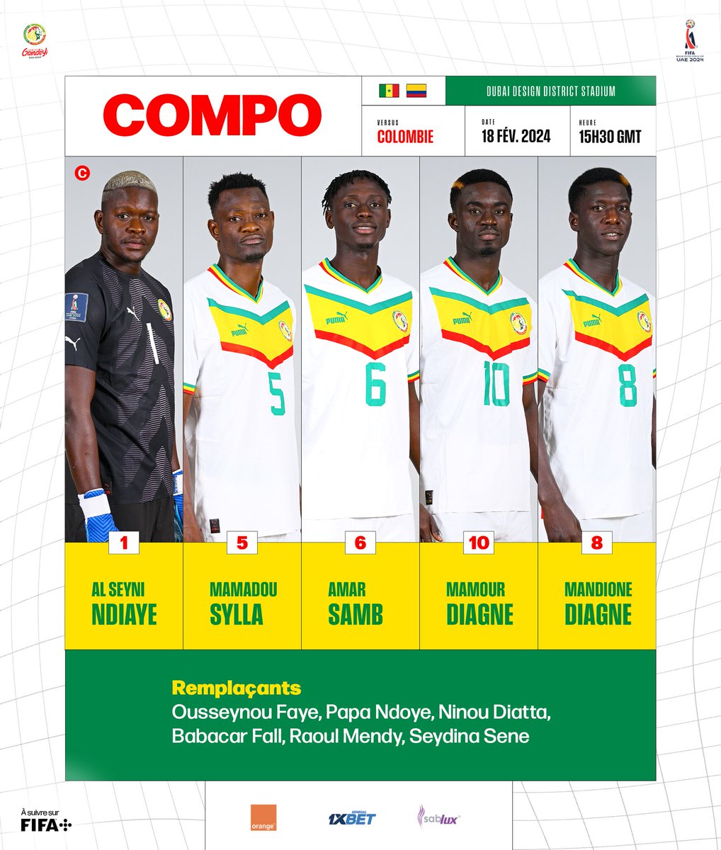 📋 𝙉𝙊𝙏𝙍𝙀 𝘾𝙊𝙈𝙋𝙊 | Composition du Sénégal contre la Colombie. #SENCOL ⌚️ Coup d’envoi : 15h30 GMT 📺 En direct sur FIFA + | #WCBS2024