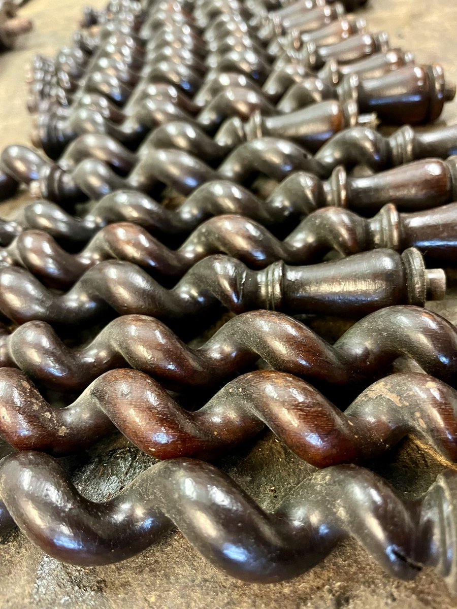 DanRestoration's tweet photo. Lots of Victorian rosewood barley twist columns to be cleaned and waxed https://t.co/e3bYBrzWRp
