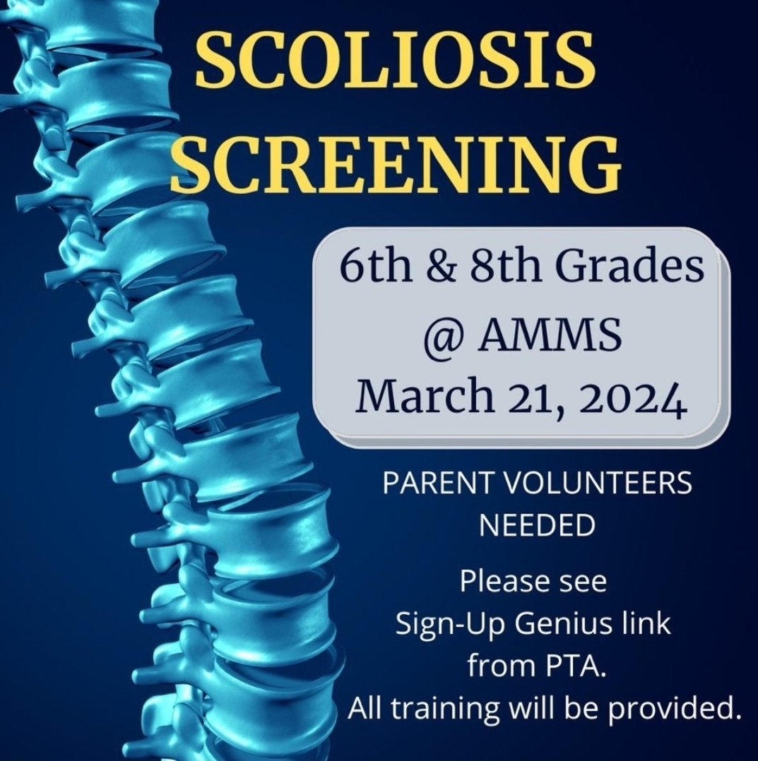 We need YOU (dads too!) to help implement the scoliosis training on 𝐌𝐚𝐫𝐜𝐡 𝟐𝟏𝐬𝐭! You will conduct scoliosis screening with 6th & 8th grade students. Volunteer training will be held prior to screening. signupgenius.com/go/10C0F44A8AA…