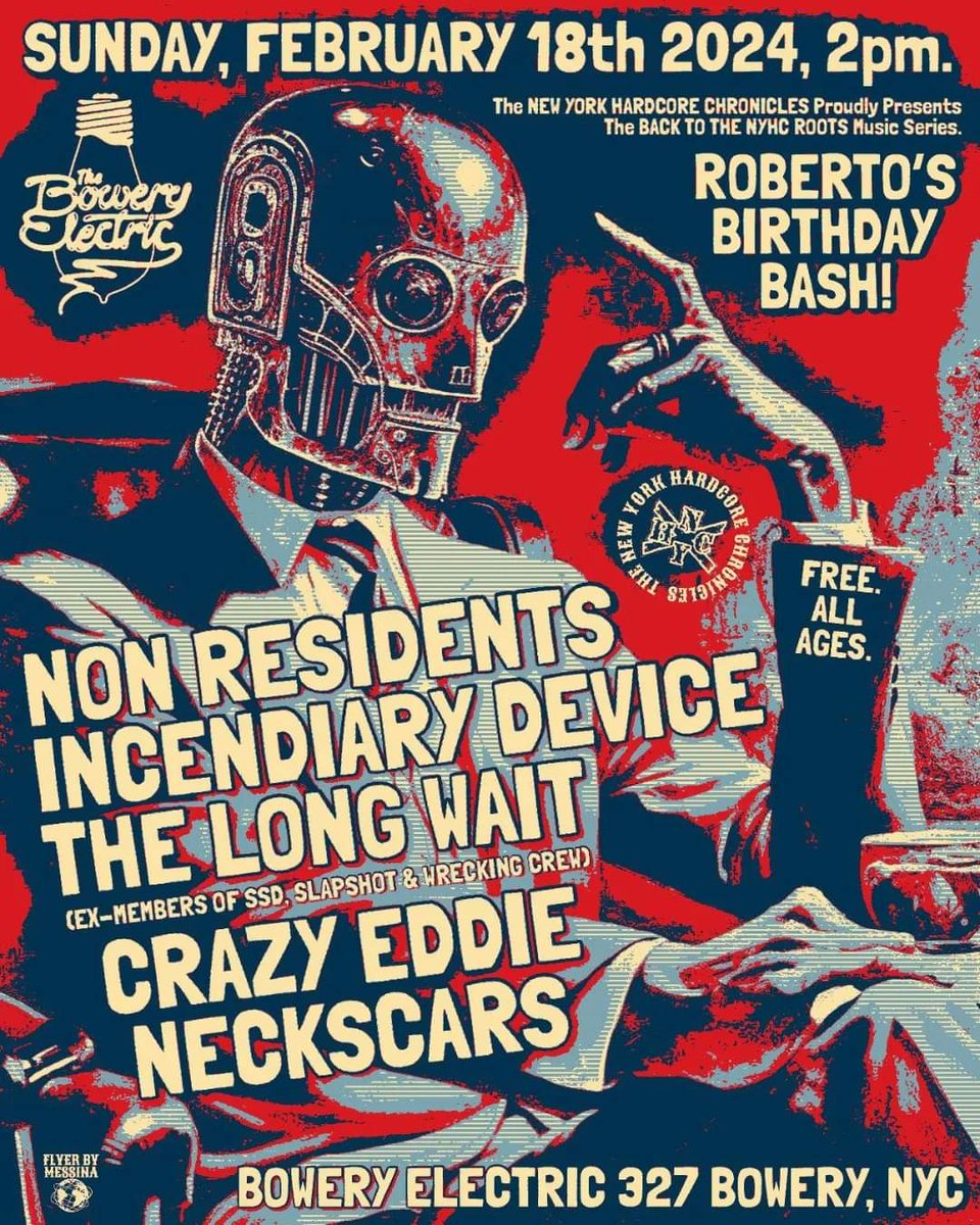 nyhccomics's tweet photo. The New York Hardcore Chronicles @StoneFilmsNYC Proudly Present The Back To The #NYHCROOTS Music Series! Sunday Matinee Down In The Bowery! #FREE!
Sun-Feb-18-2024
@boweryelectric
327 Bowery
NY,NY
#NonResidents
#IncendiaryDevice
#TheLongWait
#CrazyEddie
#Neckscars
#NYHCCOMICS https://t.co/V03D09uset