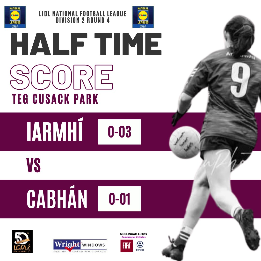 🏆 @lidl_ireland NFL Div 2️⃣ Rd 4️⃣ HALFTIME SCORE @WestmeathLadies 0-03 @CavanLGFA 0-01 @LeinsterLGFA @UlsterLadies @LadiesFootball 🎫universe.com/events/2024-li… #SeriousSupport