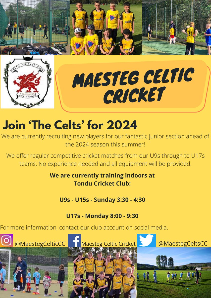Our junior training continues this afternoon at Tondu Cricket club from 3.30-4.30. We always welcome new players, no experience necessary and all equipment will be provided. Training sessions are free of charge!