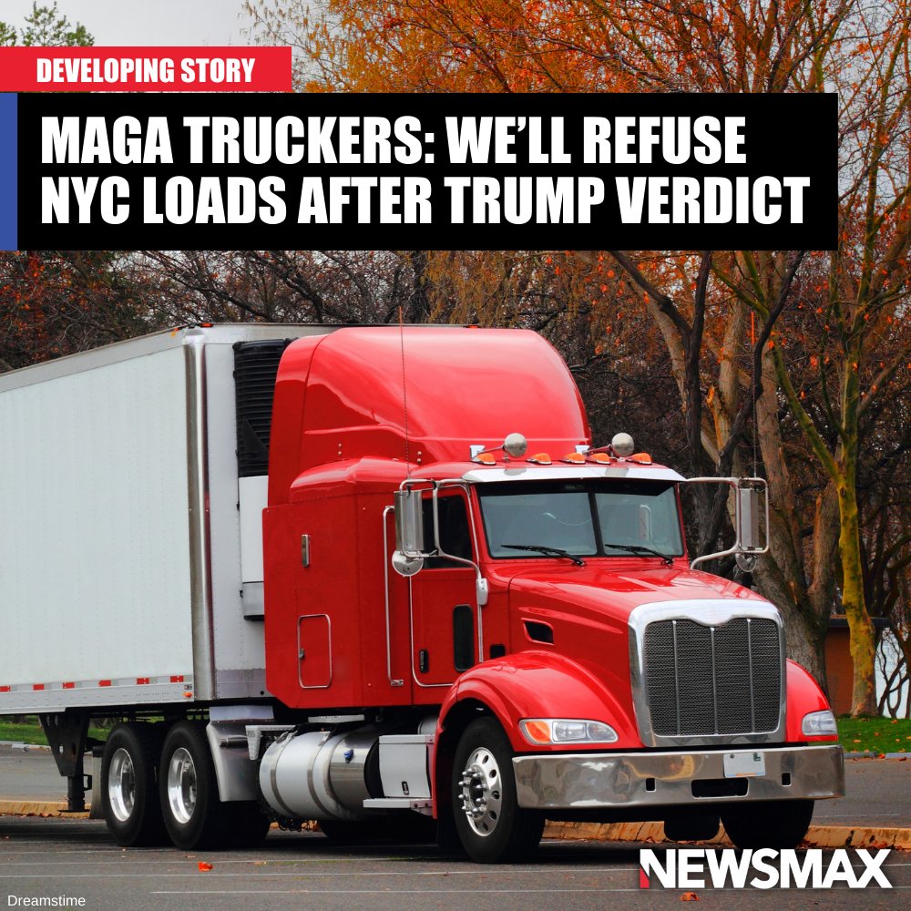 NEWSMAX's tweet photo. FURY ROAD: Truckers who support former President Donald Trump say they will refuse to drive loads to and from New York City following the $355 million verdict in Trump's civil fraud trial. More: https://t.co/c4yQvnWFfy https://t.co/dS8iRPxOLA