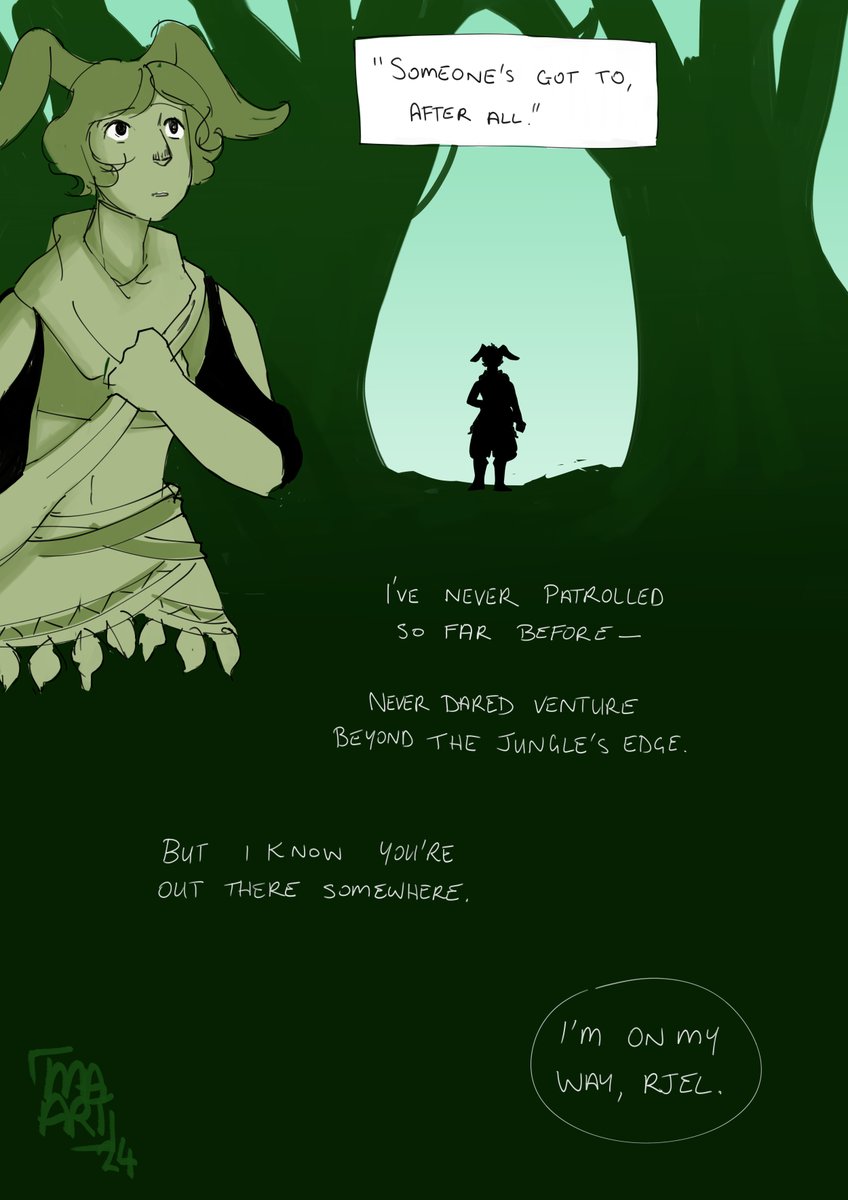 morganaliART's tweet photo. #OCKissWeek - Day 7 - Dare
The Golmore border scouts have discovered a threat to their home & they consider the unthinkable - leaving the forest & reconnoitring in the lands beyond.
Blackavar thinks back on another departure, and makes a choice.
#ffxiv #wolship #OCKiss24 https://t.co/l77sn09NZa