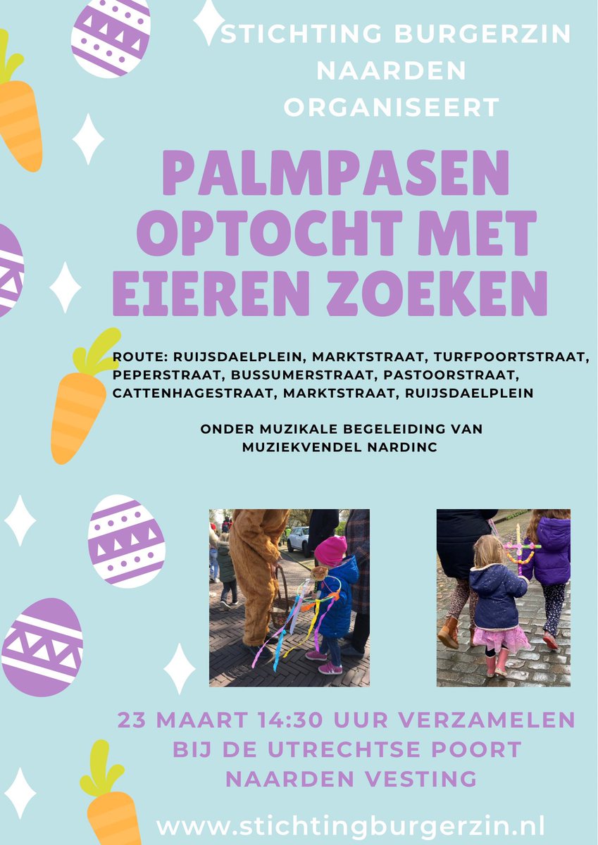 st_burgerzin's tweet photo. Zet ‘m vast in je agenda!

Zaterdag 23 maart 2024 organiseren wij weer de jaarlijkse #Palmpasenoptocht met muzikale begeleiding van Muziekvendel @NardincNaarden 

Met nieuw dit jaar; eieren zoeken 🥚🥚
Loop en zoek jij gezellig mee?

Delen=Lief https://t.co/IFEQqWdKaY